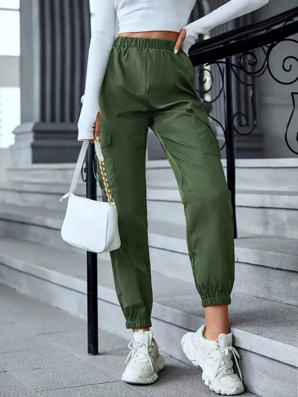Pantalones de cintura elástica de tamaño completo con bolsillos eprolo