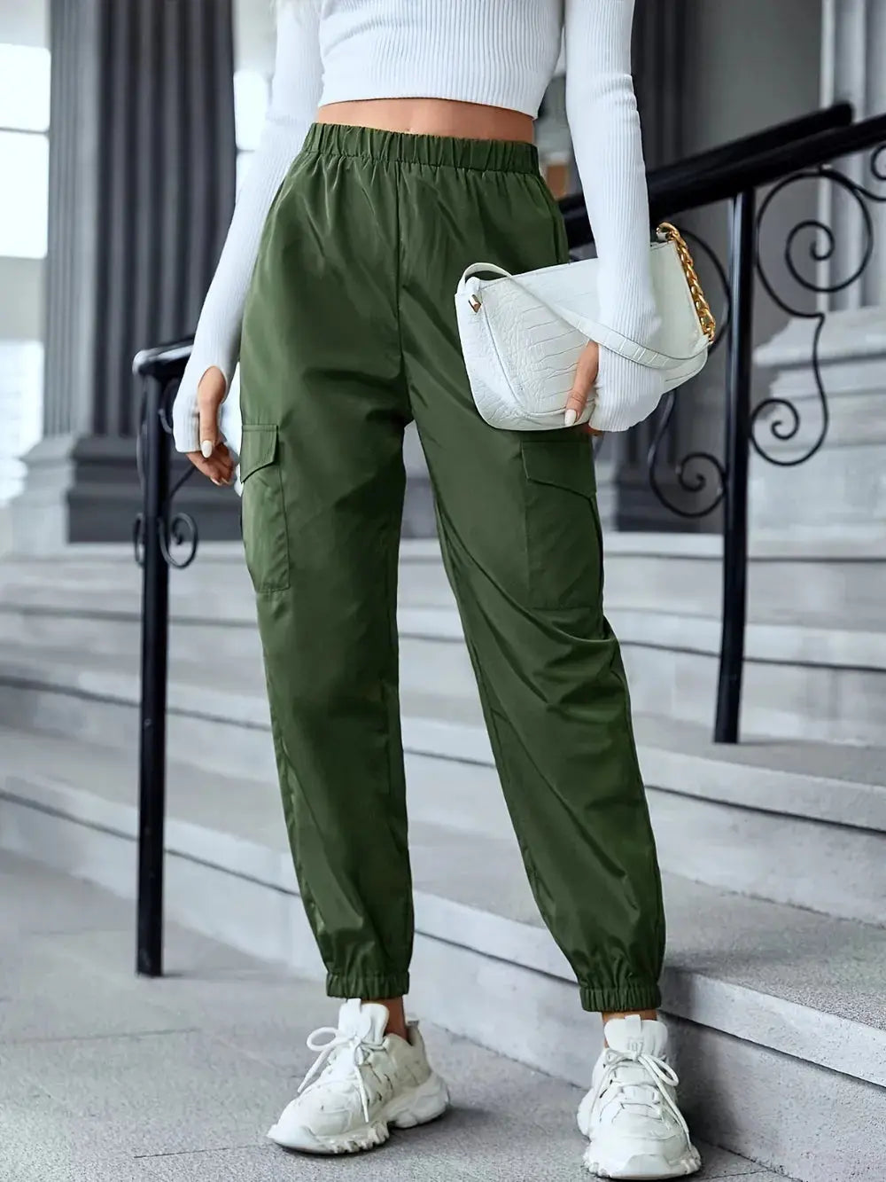 Pantalones de cintura elástica de tamaño completo con bolsillos eprolo