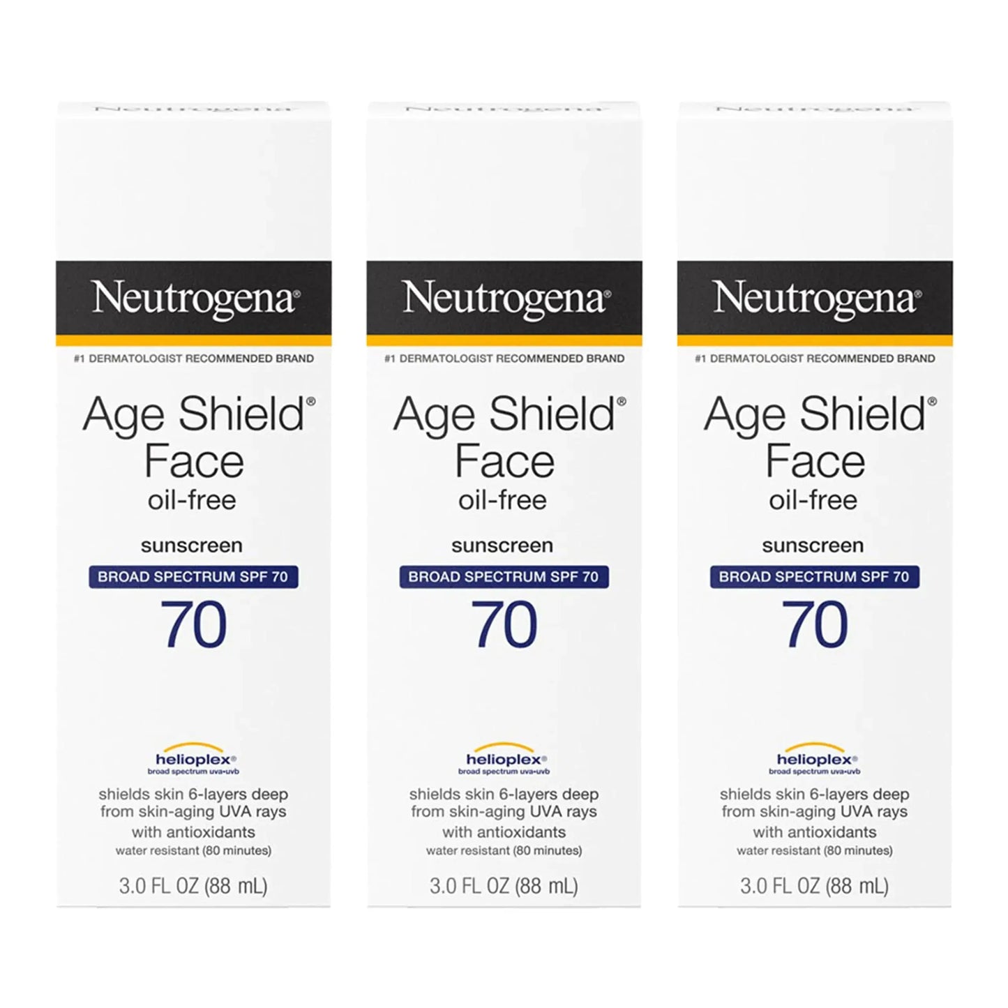 Loción solar facial Neutrogena Age Shield FPS 70, sin aceite, no comedogénica, hidratante, sin PABA, 3 oz (paquete de 3). Skinluminova