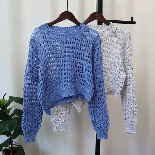 Suéter de punto con diseño irregular, fino y hueco para mujer, suéter suave y suelto. eprolo