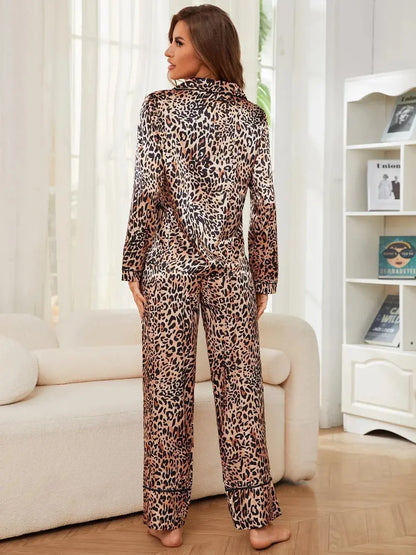 Leopard Button Up Long Sleeve Top and Pants Lounge Set - Skinluminova