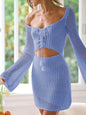 Light Slate Gray Knitted hollow out sexy exposed navel shoulder wrapped chest long sleeved slim fit beach skirt for women