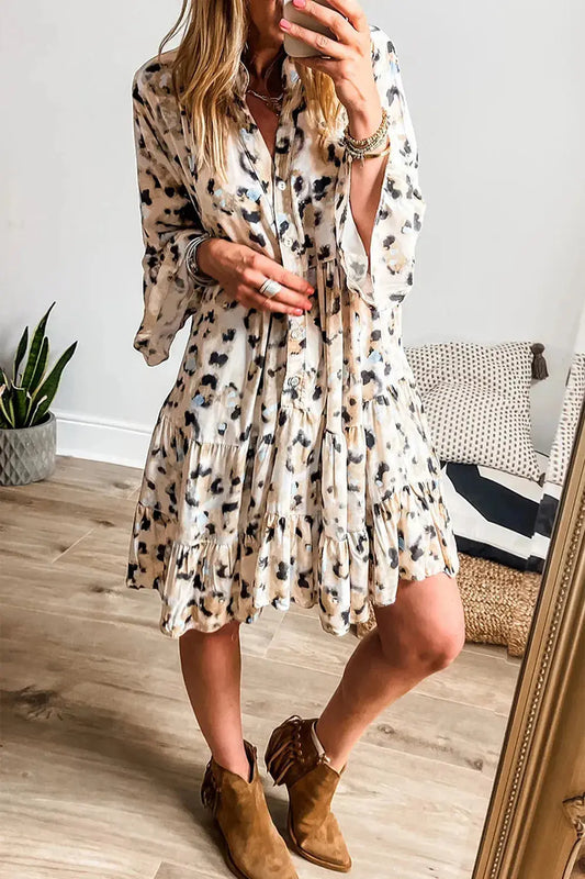Vestido de leopardo de manga larga con muescas eprolo