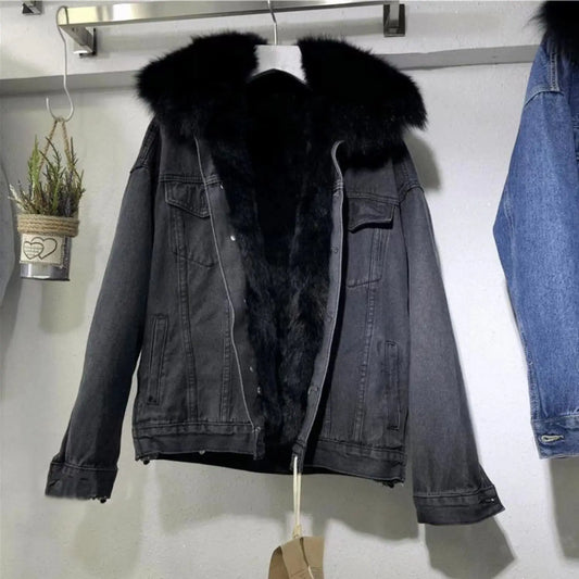Abrigo de algodón y terciopelo de estilo nuevo de invierno, abrigo holgado estilo coreano con cuello de piel de mezclilla, abrigo grueso para mujer eprolo
