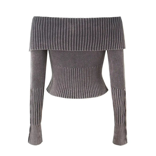 Suéter de un solo hombro con cuello grande estilo americano para mujer con estilo picante, corte ajustado, estilo corto, suéter de punto de manga larga eprolo