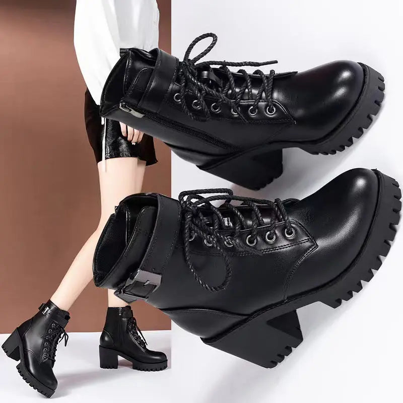 Botas Martin de moda para mujer con punta redonda, cordones, hebilla y suela gruesa, de tubo corto eprolo