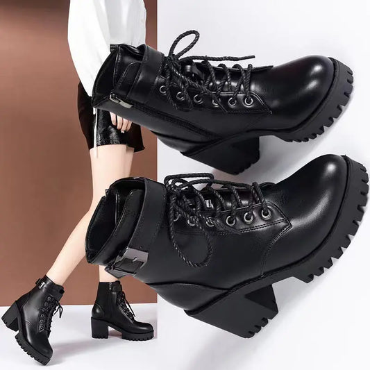 Botas Martin de moda para mujer con punta redonda, cordones, hebilla y suela gruesa, de tubo corto eprolo