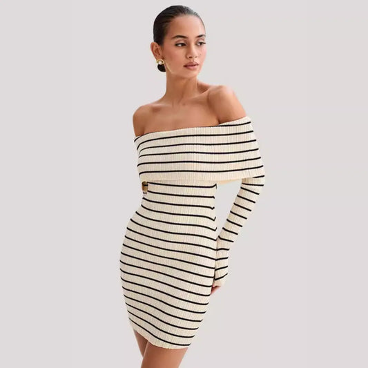 Vacaciones en la playa, falda de manga larga a rayas con hombros descubiertos y vestido corto informal de punto con un solo escote eprolo