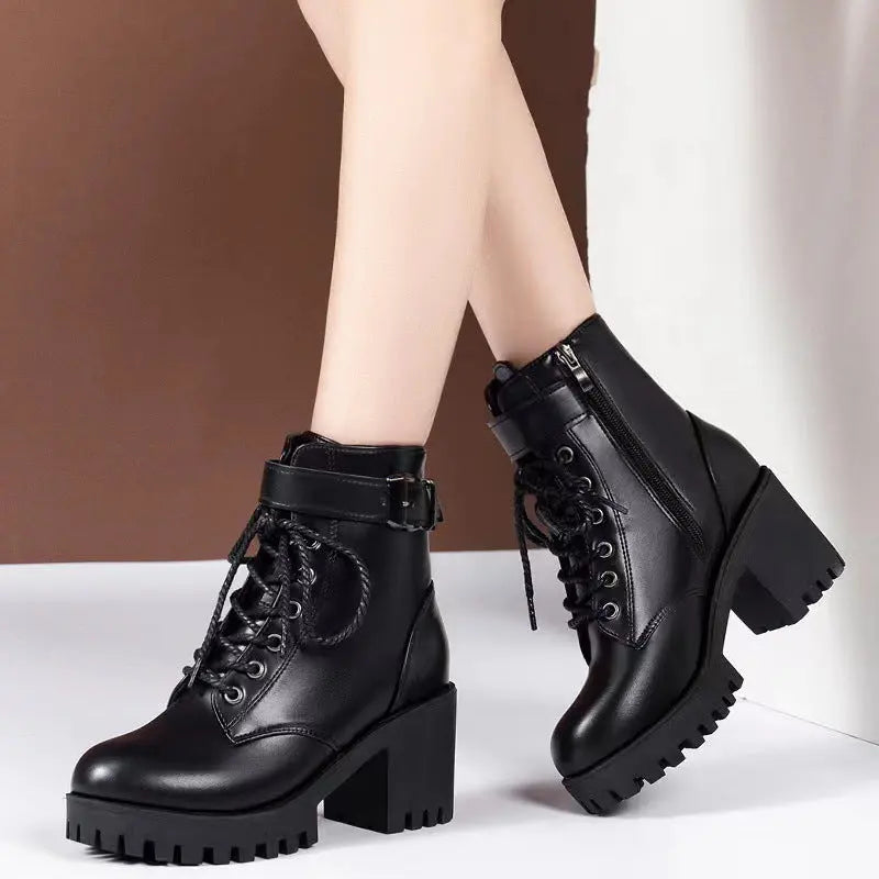 Botas Martin de moda para mujer con punta redonda, cordones, hebilla y suela gruesa, de tubo corto eprolo