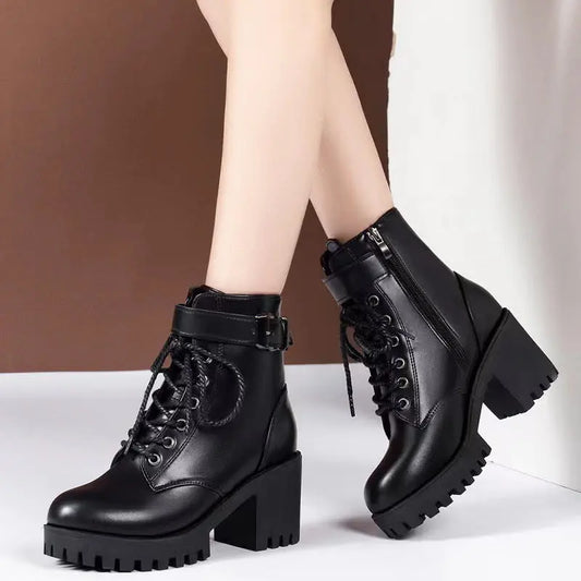 Botas Martin de moda para mujer con punta redonda, cordones, hebilla y suela gruesa, de tubo corto eprolo