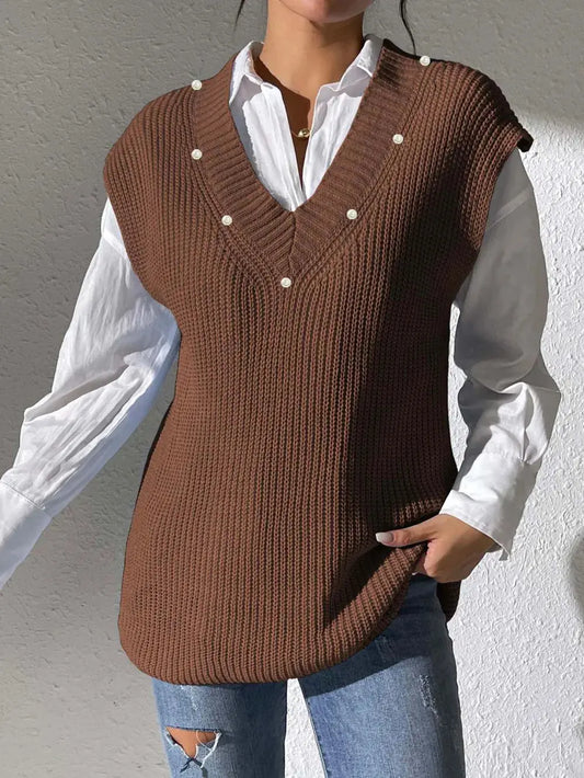 Chaleco sencillo con cuello en V y tejido de perlas con tachuelas. eprolo