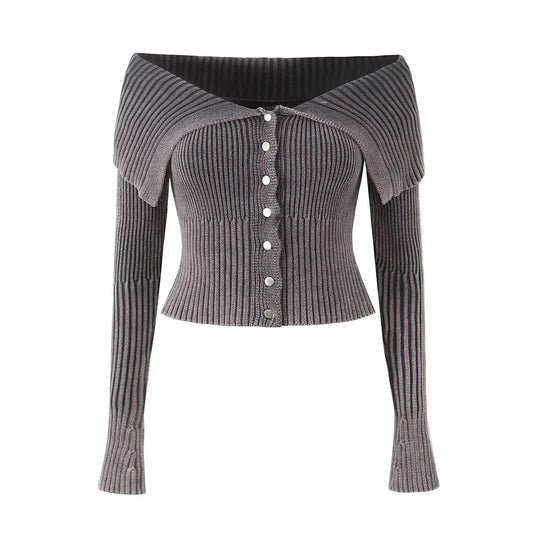 Suéter de un solo hombro con cuello grande estilo americano para mujer con estilo picante, corte ajustado, estilo corto, suéter de punto de manga larga eprolo