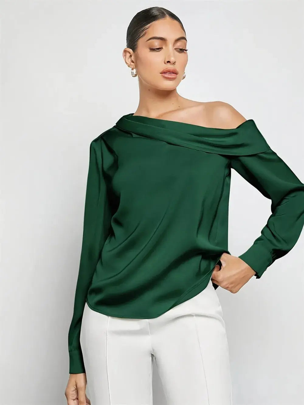 Top camisero de satén doblado otoño e invierno camisa de manga larga con hombros descubiertos ropa de mujer eprolo