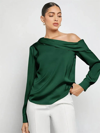 Top camisero de satén doblado otoño e invierno camisa de manga larga con hombros descubiertos ropa de mujer eprolo