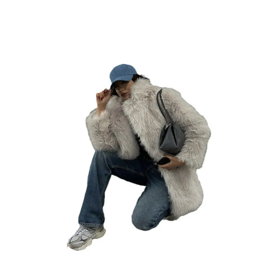 Chaqueta holgada y cálida de piel sintética color caqui y gris con cuello de traje Toka eprolo