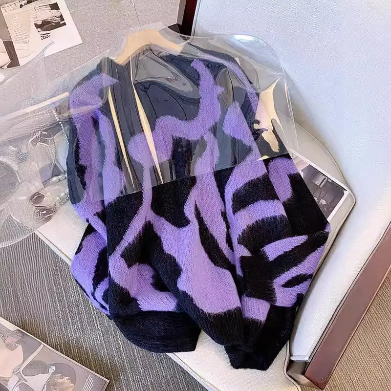 Suéter con estampado de leopardo morado para mujer en otoño e invierno, suéter de punto ajustado y de longitud media eprolo