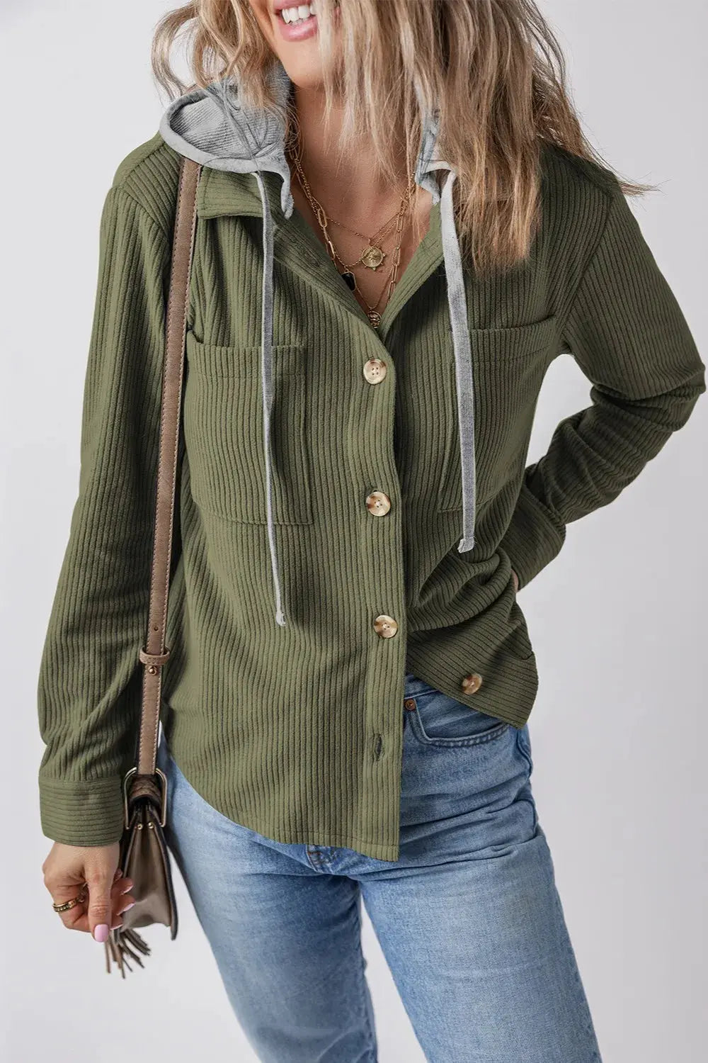 Chaqueta con capucha de manga larga con botones y cordón ajustable eprolo