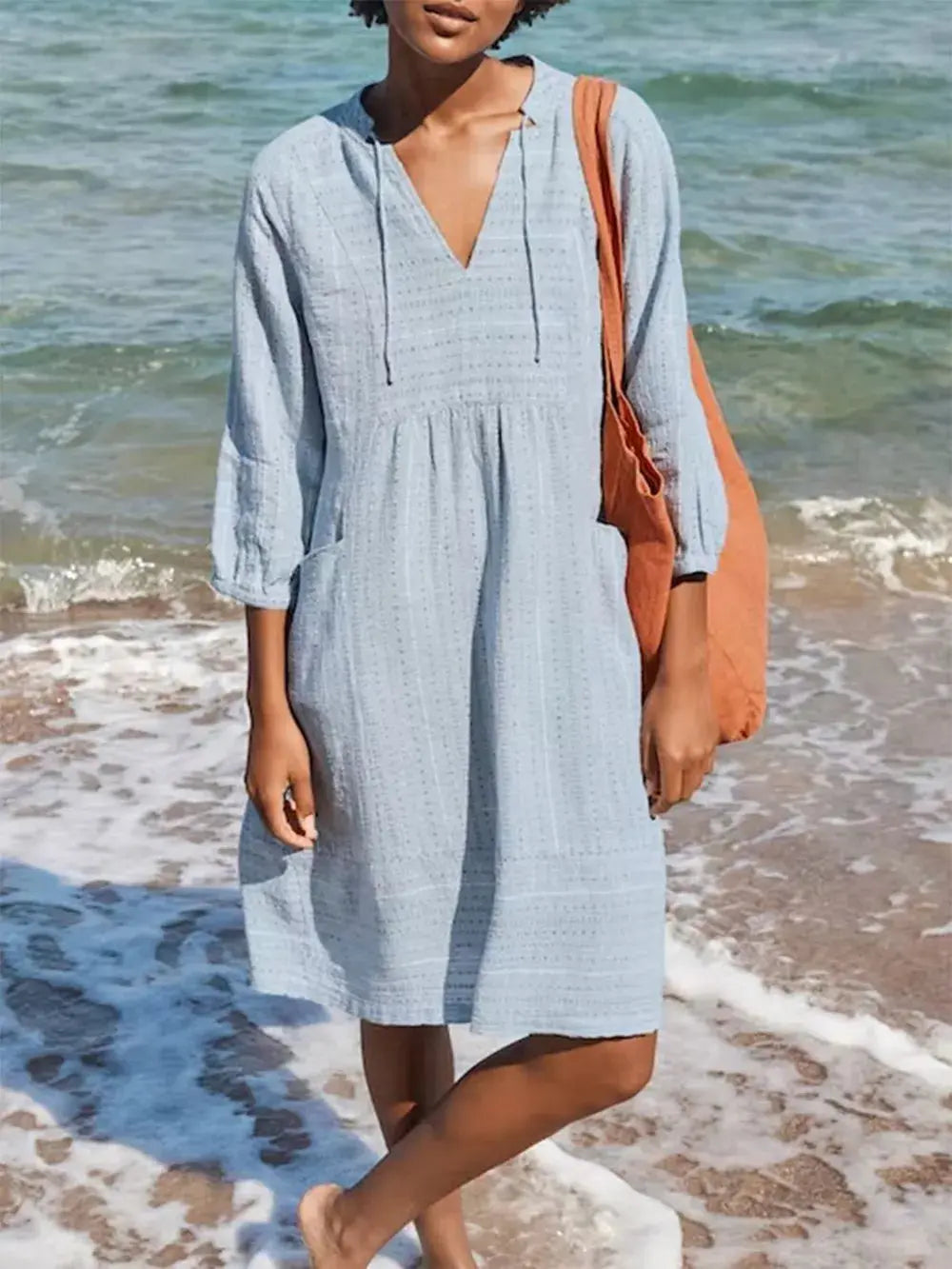 Vestido casual holgado con cuello en V y bolsillos eprolo