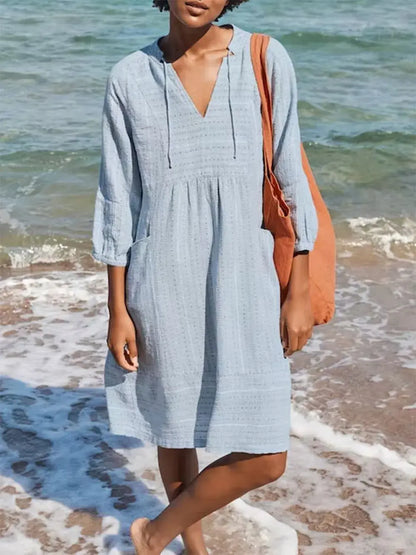 Vestido casual holgado con cuello en V y bolsillos eprolo
