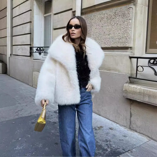 Abrigo de piel sintética de solapa grande de moda, elegante y socialité, abrigo cálido de manga larga, top de piel eprolo