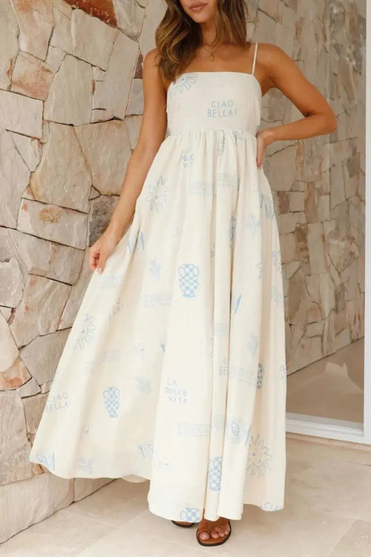 Vestido largo con cuello cuadrado estampado en la espalda recortada eprolo