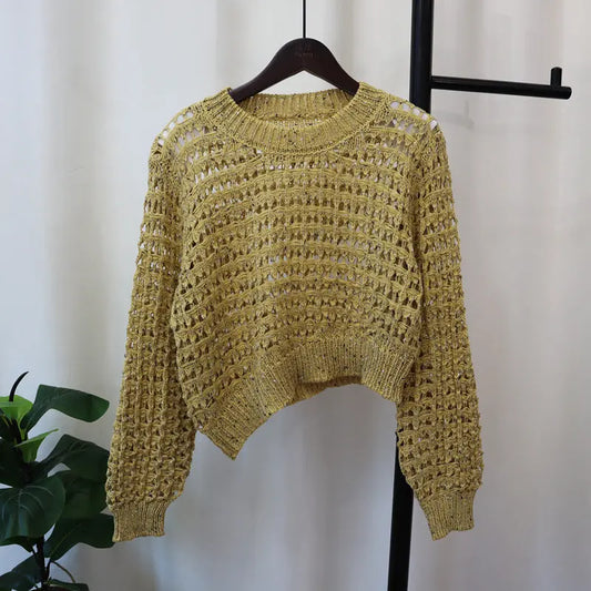Suéter de punto con diseño irregular, fino y hueco para mujer, suéter suave y suelto. eprolo