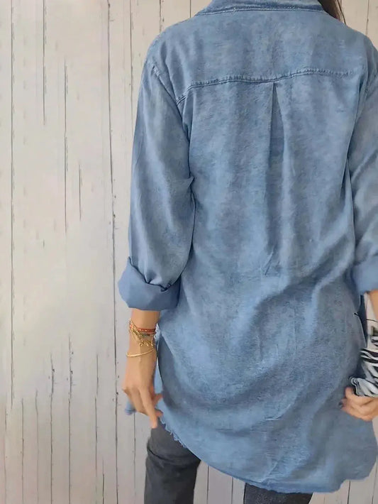 Dobladillo sin rematar de tamaño completo con botón para arriba top de mezclilla de manga larga talla grande eprolo