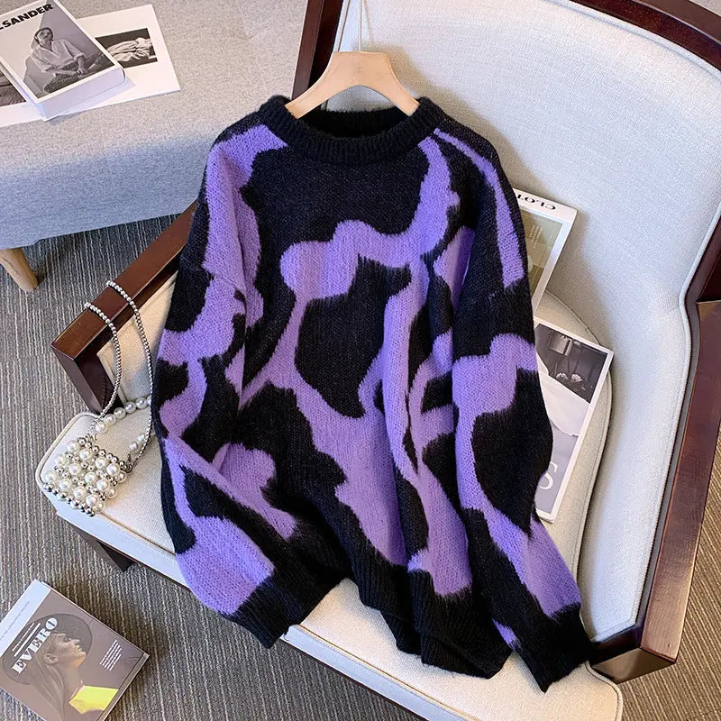 Suéter con estampado de leopardo morado para mujer en otoño e invierno, suéter de punto ajustado y de longitud media eprolo