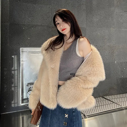 Abrigo de piel sintética de solapa grande de moda, elegante y socialité, abrigo cálido de manga larga, top de piel eprolo