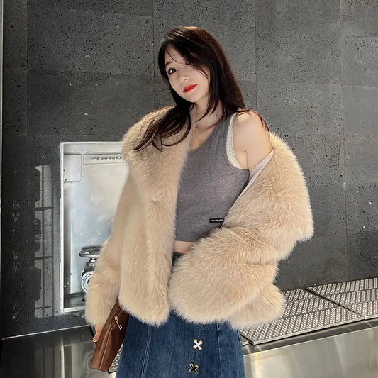 Abrigo de piel sintética de solapa grande de moda, elegante y socialité, abrigo cálido de manga larga, top de piel eprolo