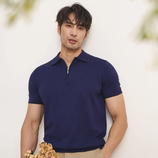 Light Gray Polo de Hombre con Media Cremallera – Corte Ajustado para Negocios