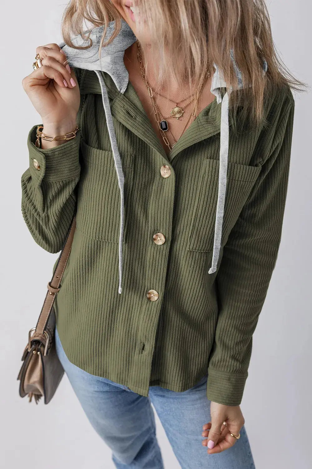 Chaqueta con capucha de manga larga con botones y cordón ajustable eprolo