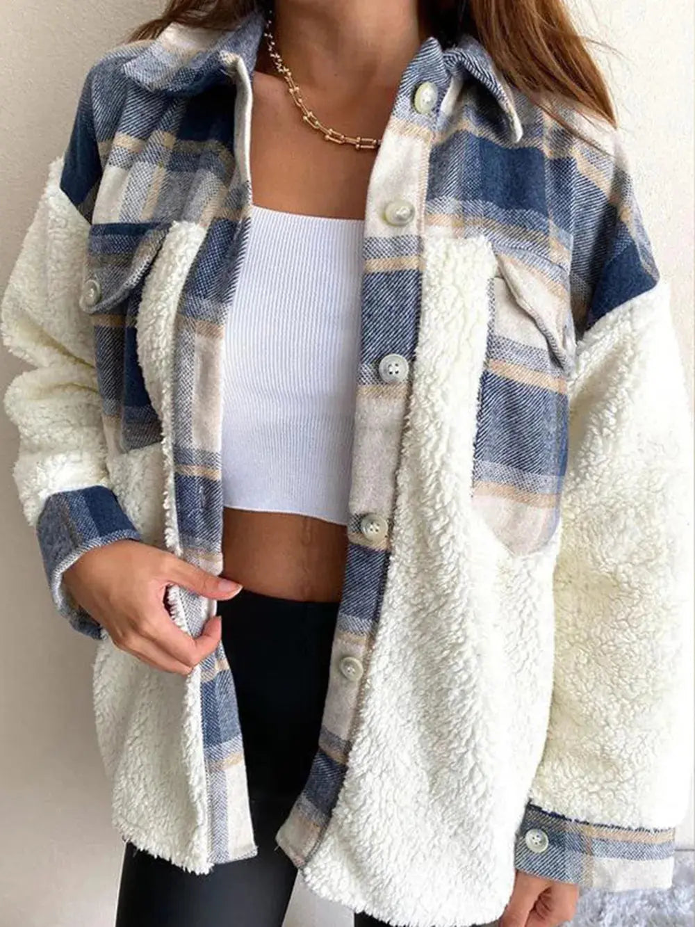 Fuzzy Button Up Long Sleeve Jacket - Skinluminova
