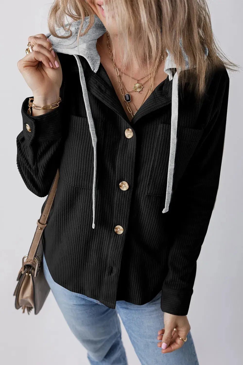 Chaqueta con capucha de manga larga con botones y cordón ajustable eprolo