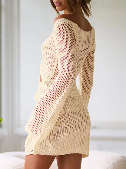 Light Gray Knitted hollow out sexy exposed navel shoulder wrapped chest long sleeved slim fit beach skirt for women