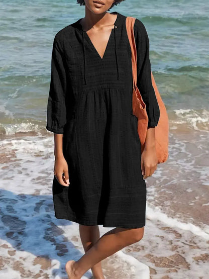Vestido casual holgado con cuello en V y bolsillos eprolo