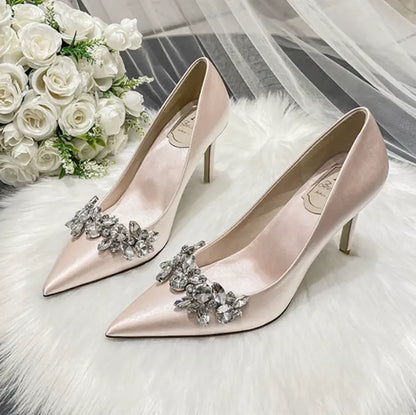 Vestido de novia zapatos de novia de cristal vestido de satén champán zapatos de dama de honor tacones de aguja blancos eprolo