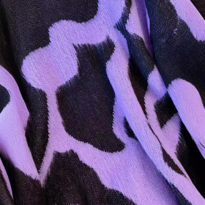 Suéter con estampado de leopardo morado para mujer en otoño e invierno, suéter de punto ajustado y de longitud media eprolo