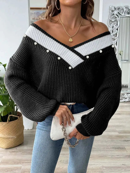 Suéter de tejido suelto con cuello en V grande empalmado en color contrastante para mujer eprolo