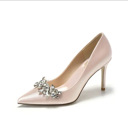 Vestido de novia zapatos de novia de cristal vestido de satén champán zapatos de dama de honor tacones de aguja blancos eprolo