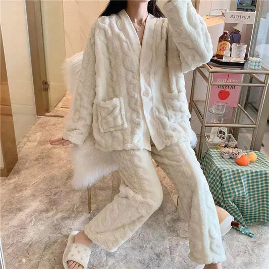 Conjunto de pijama de polar coral de alta gama para mujer, traje holgado y cálido de manga larga para otoño e invierno eprolo