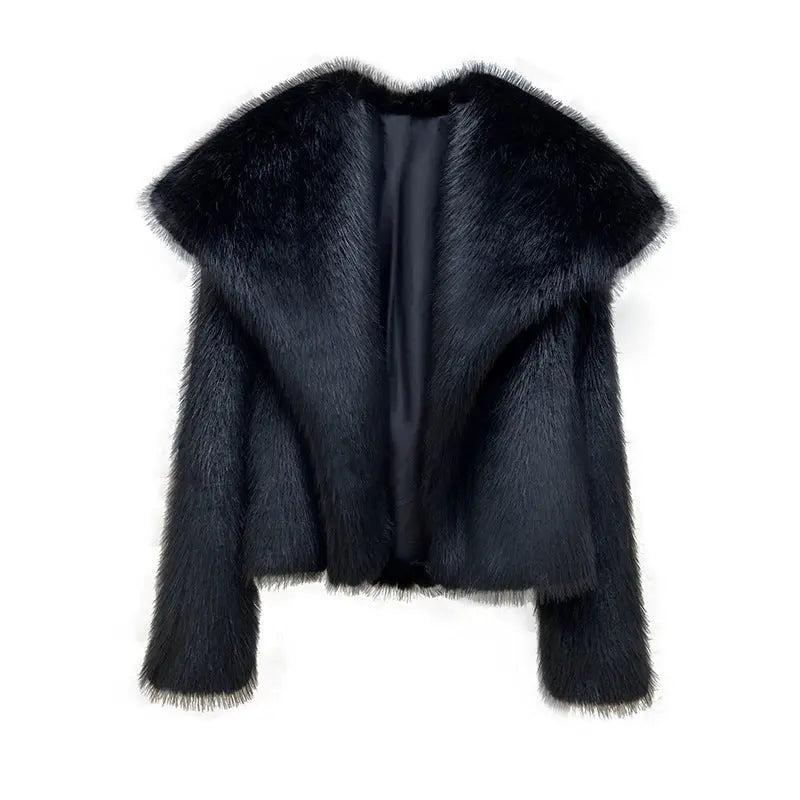 Abrigo de piel sintética de solapa grande de moda, elegante y socialité, abrigo cálido de manga larga, top de piel eprolo