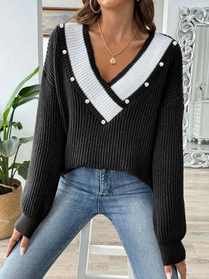 Suéter de tejido suelto con cuello en V grande empalmado en color contrastante para mujer eprolo