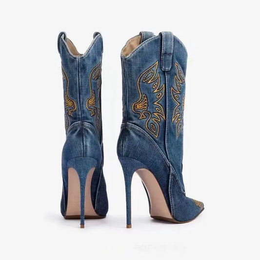 Botas vaqueras de tacón alto para mujer, punta fina, tubo corto bordado, diseño delgado, sexy y de moda. eprolo