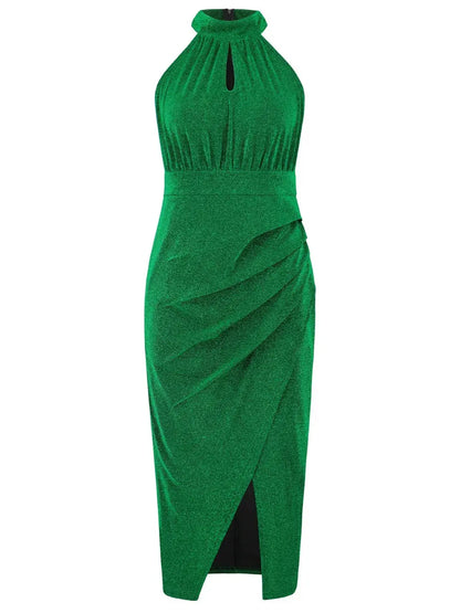 Vestido sin mangas con cuello alto fruncido con abertura eprolo