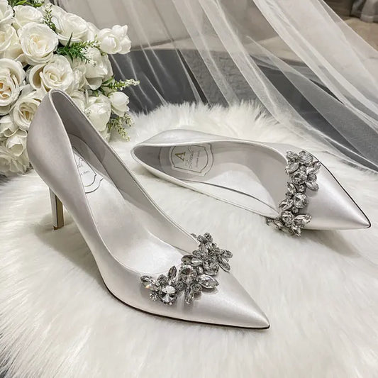 Vestido de novia zapatos de novia de cristal vestido de satén champán zapatos de dama de honor tacones de aguja blancos eprolo