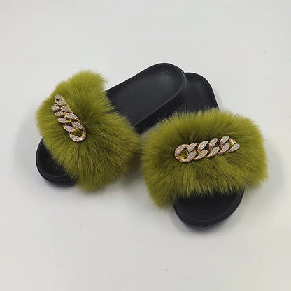 Chanclas de piel de zorro sintética de peluche, pantuflas de moda Skinluminova