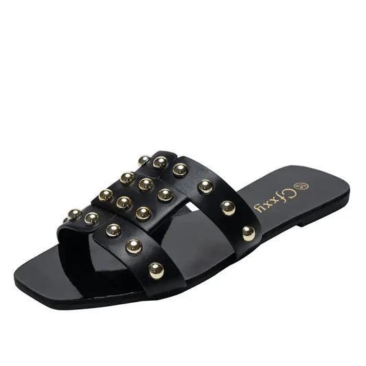 Sandalias planas con remaches de moda para uso casual de mujer Skinluminova