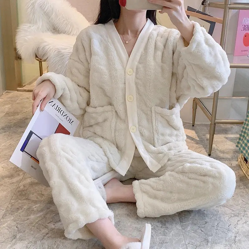 Conjunto de pijama de polar coral de alta gama para mujer, traje holgado y cálido de manga larga para otoño e invierno eprolo