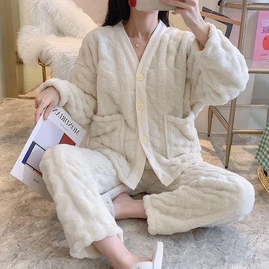Conjunto de pijama de polar coral de alta gama para mujer, traje holgado y cálido de manga larga para otoño e invierno eprolo